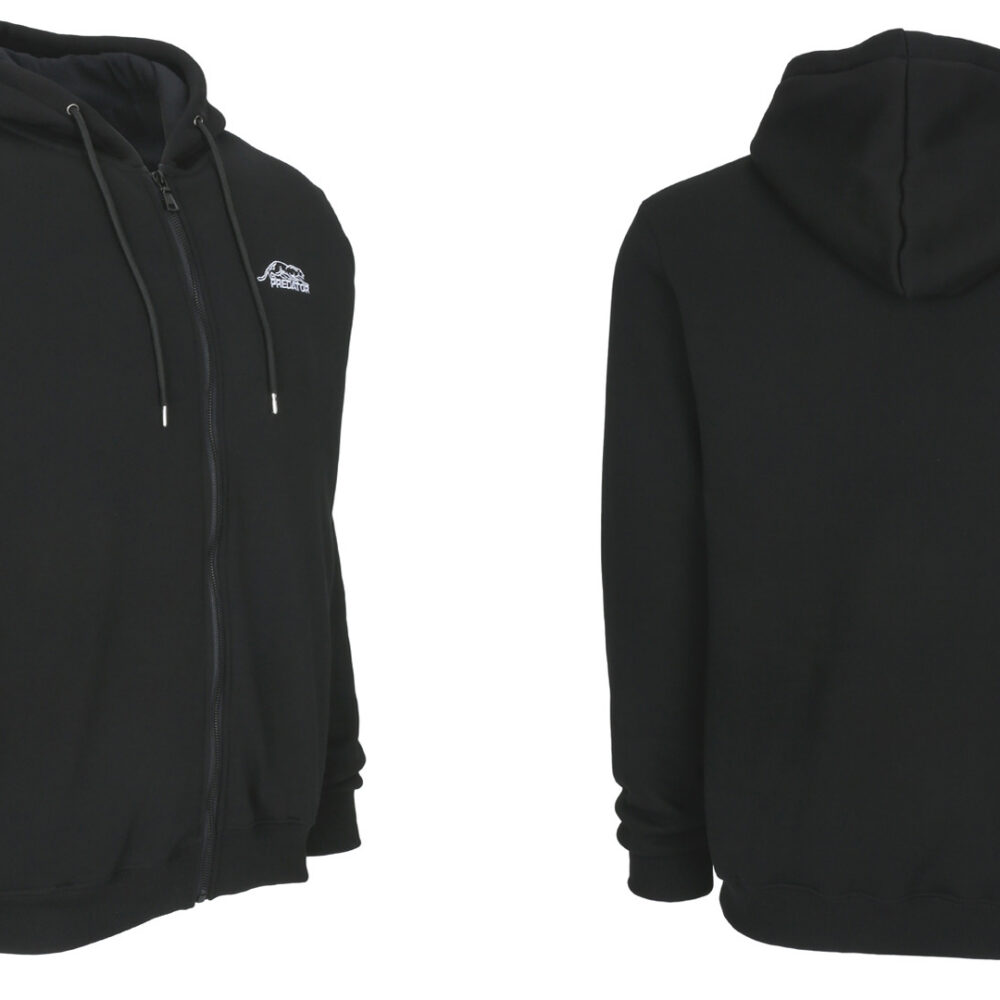 Predator Black Zip-Up Hoodie with White Embroidered Logo on Front, M-XL