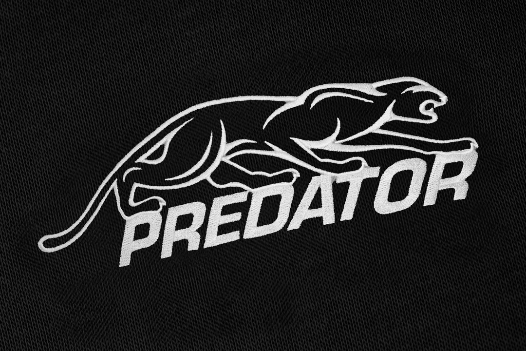 Predator Black Zip-Up Hoodie with White Embroidered Logo on Front, M-XL