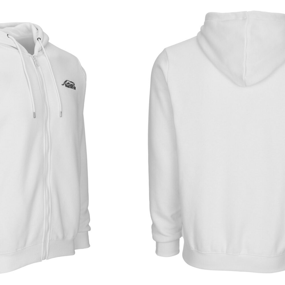 Predator White Zip-Up Hoodie with Black Embroidered Logo on Front M-XL
