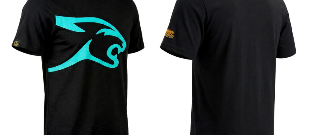 42034XX-Predator-Black-Teal-T-Shirt-front-back Predator Black T-Shirt Teal Cat Head XS-XXL